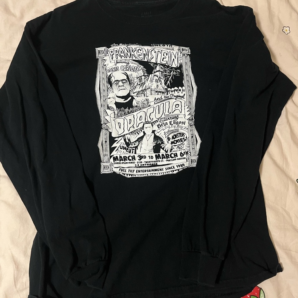 Black Graphic Long-Sleeve Men’s Shirt - Frankenstein/Dracula Poster Print